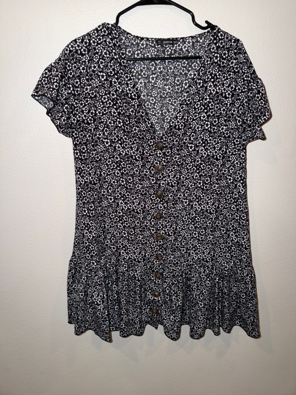 SHEIN Black & White Floral Button-Front Mini Dress with Ruffle Hem
